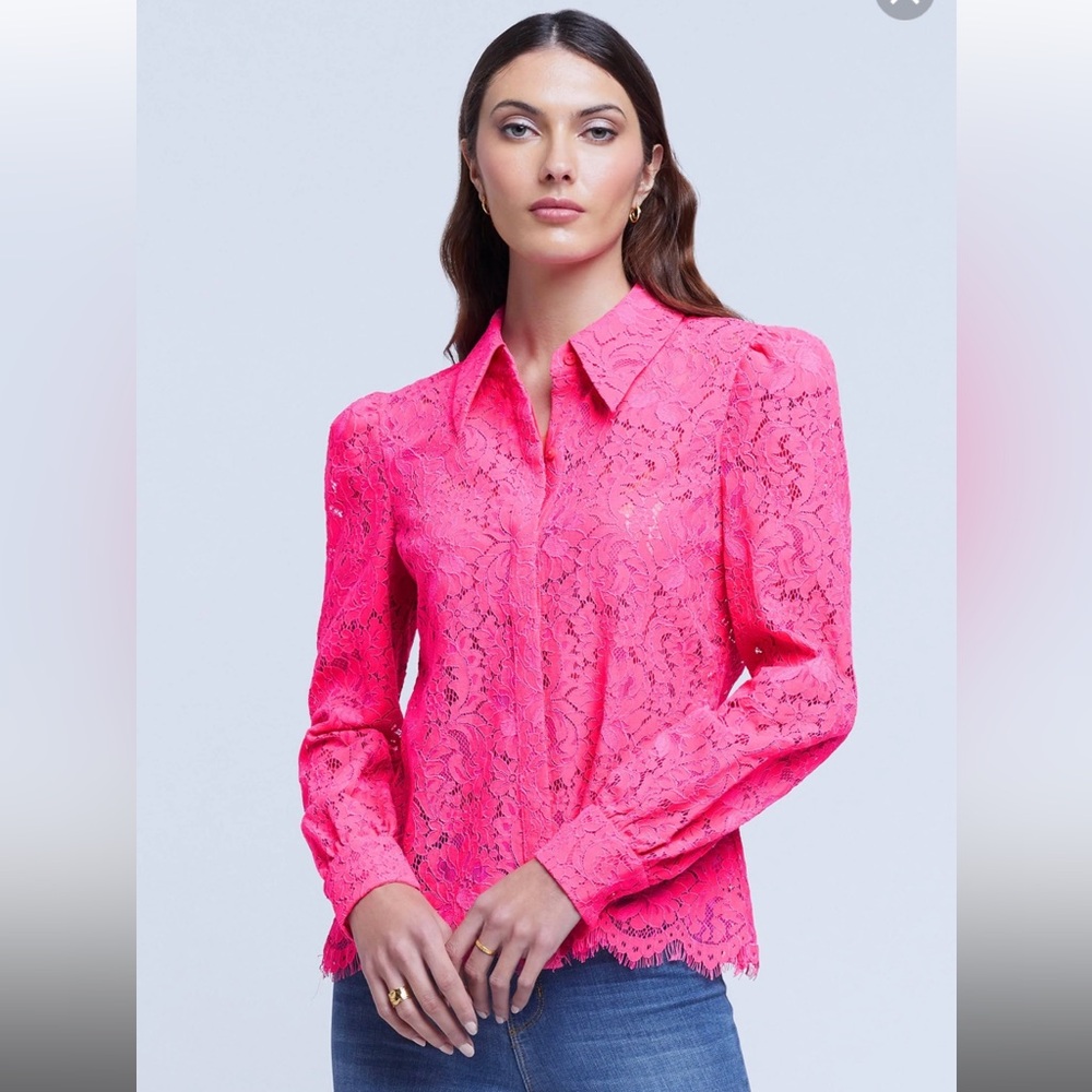 L'Agence "Jenica" lace long-puffed sleeve blouse